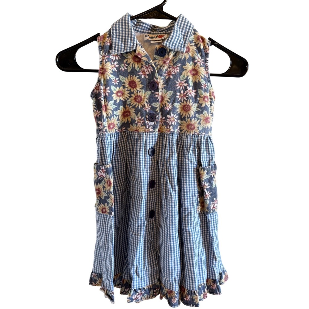 Vintage Girls Cupid Dress Fits like 5/6 Sunflower Print Chambray Denim Collared